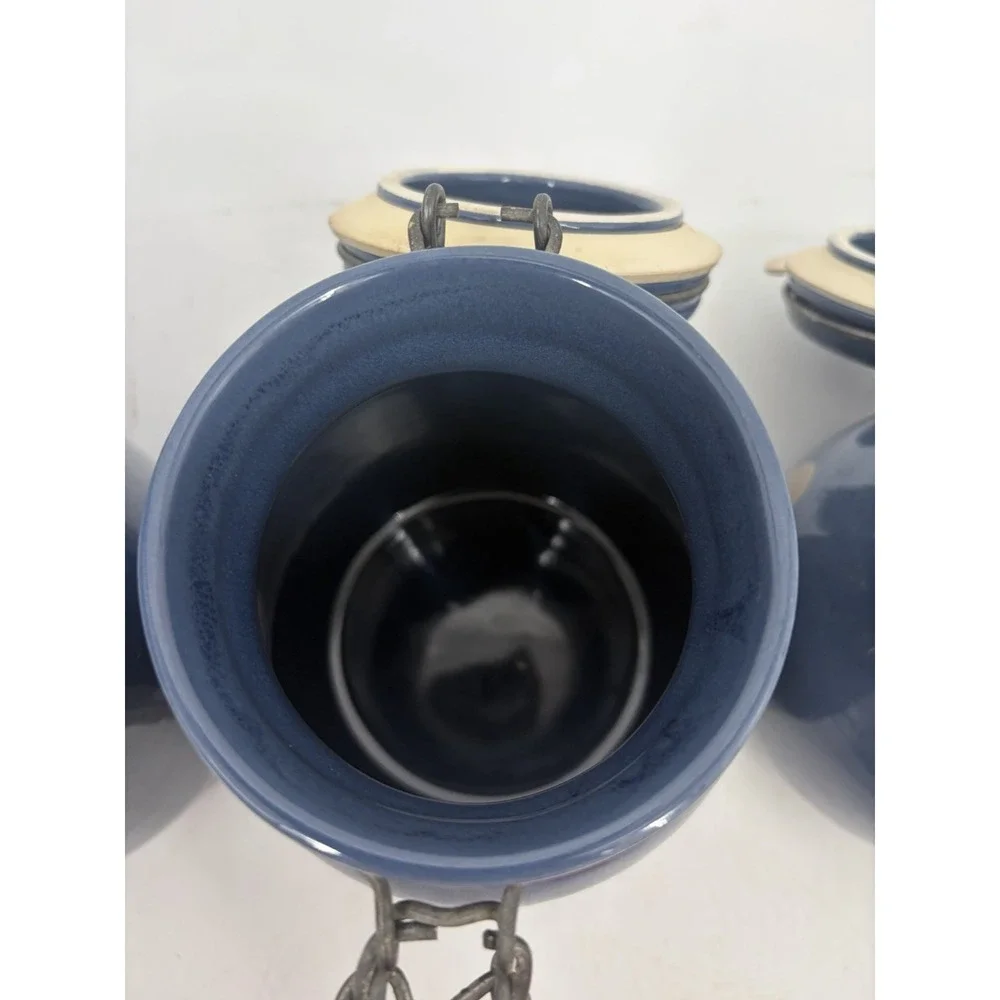Vintage Stoneware Canister Set 3 Navy Blue Folk Art Bird Heart Clamp Lid